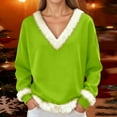 thumbnail image 2 of KHONTS Christmas T Shirts for Women Xmas V Neck Trim Tees Casual Loose Sweatshirts Long Sleeve Pullover Tops Light Green L, 2 of 9