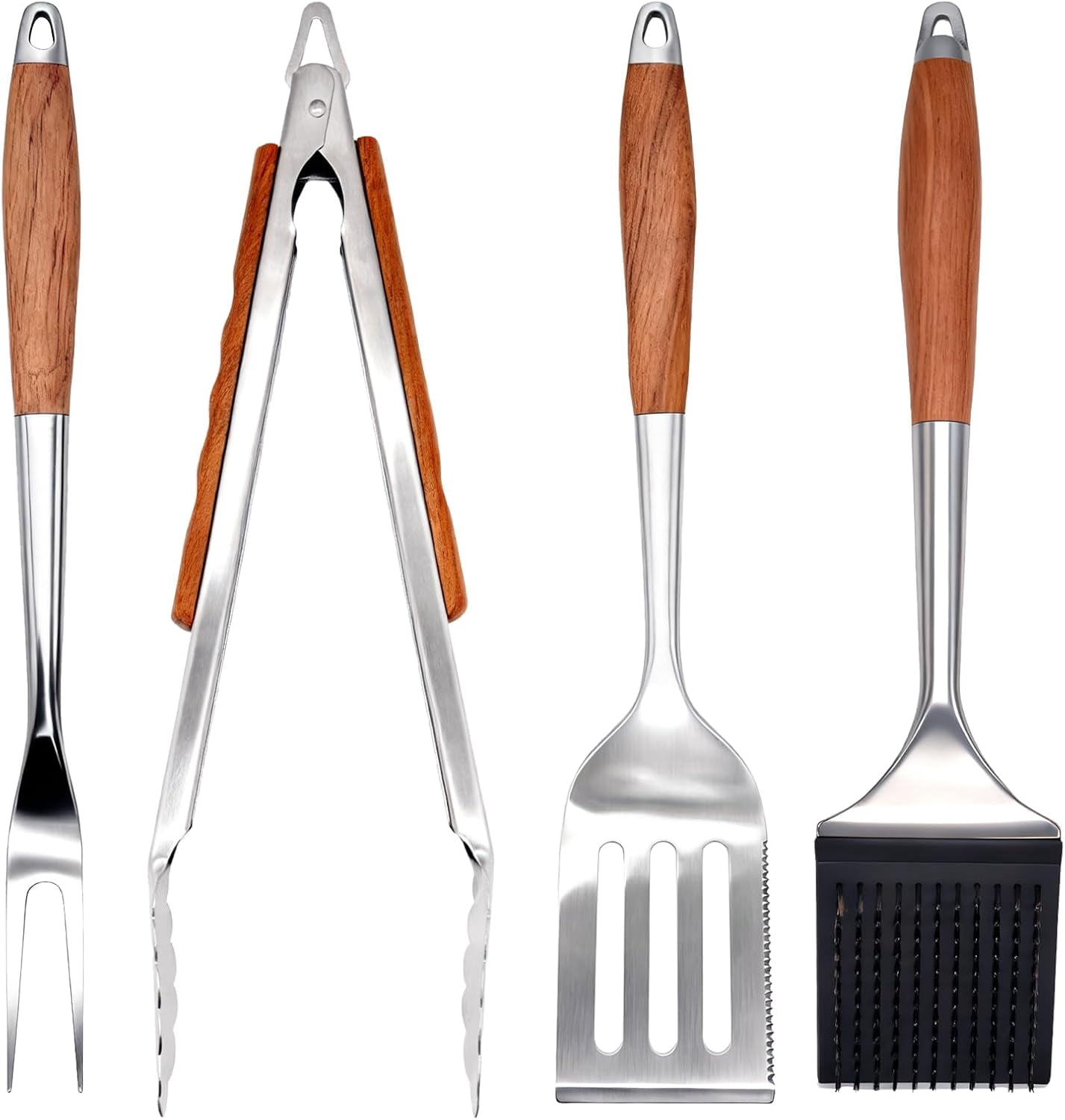 BBQ Grilling Accessories, Outdoor Grill Set with Spatula, Fork, Brush & Tongs, Stainless Steel Grilling Tools with Non-Slip Wooden Handle