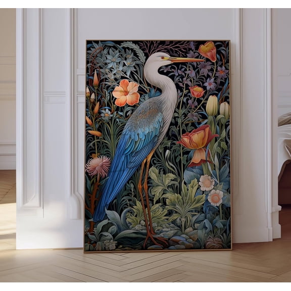Heron Decor, Heron Print, William Morris, Bird Painting, Coastal Art, Aesthetic Wall Art, Botanical Print Blue Heron Art Coastal Grandmother