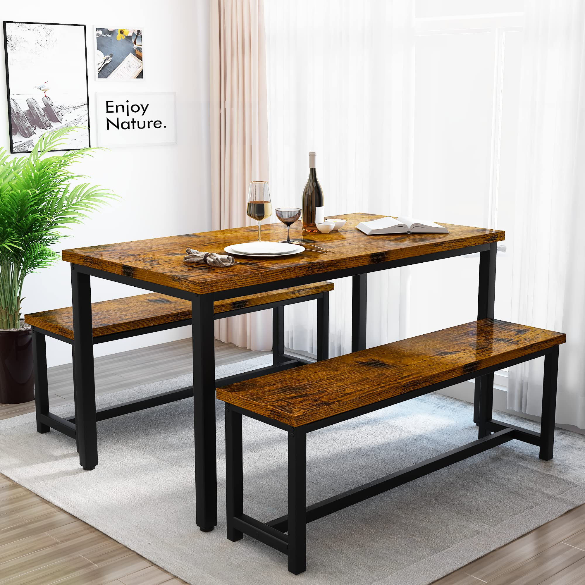 AWQM Dining Table Set with Two Benches, Kitchen Table Set for 4-6 Persons, Kitchen Table of 43.4 x 23.7 x 28.6 Inches, Bench of 38.6 x 11.9 x 17.6 Inches Each, Rustic Brown and Black