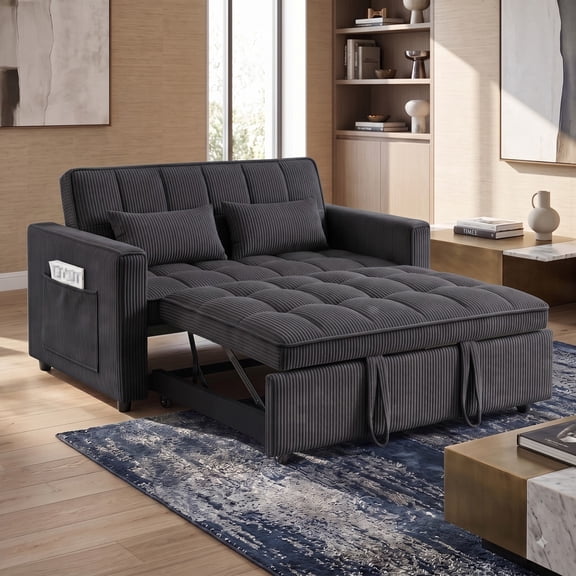 Gewnee 3 in 1 Convertible Sleeper Sofa Bed – Modern Corduroy Pull Out Couch with Adjustable Backrest,Side Pockets,Loveseat Futon for Small Spaces.Black