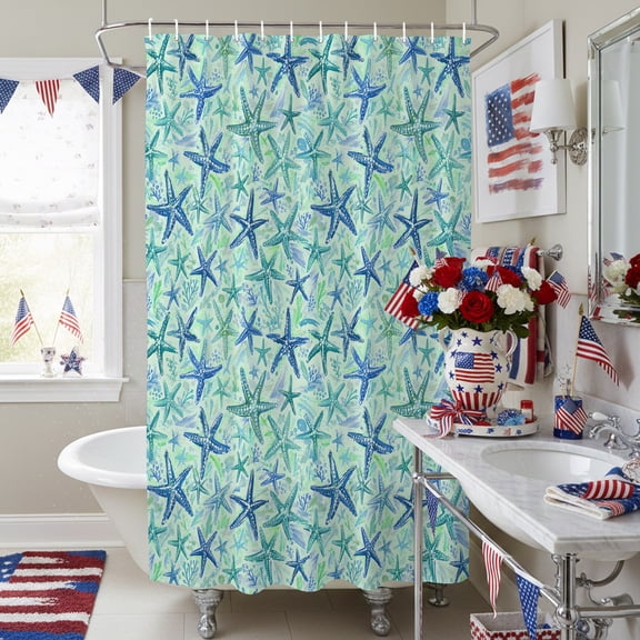 Summer Marine Life Blue Starfish Shower Curtain for Bathroom, Mint Green Background Waterproof Shower Curtains Washable Quick Dry with Hooks Bathtub Curtains 72x72IN