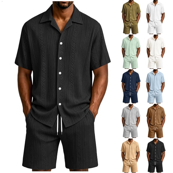 Men's 2 Piece Jacquard Textured Beach Outfits Summer Casual Button Down Shirts and Shorts Matching Sets Big and Tall Size S-3XL White