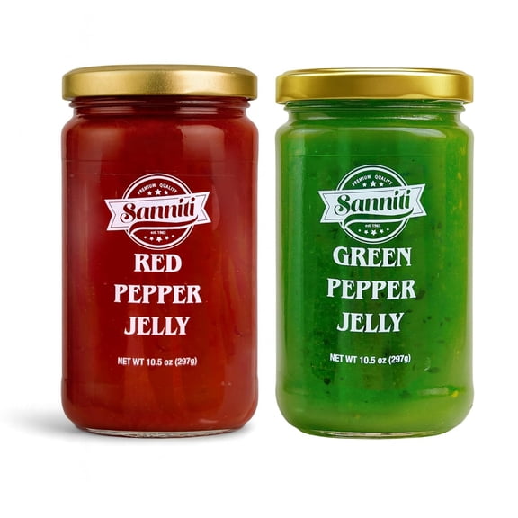 Sanniti Red Pepper Jelly and Green Pepper Jelly Variety Pack, 2 Pack Bundle, 10.5 oz Each Jar