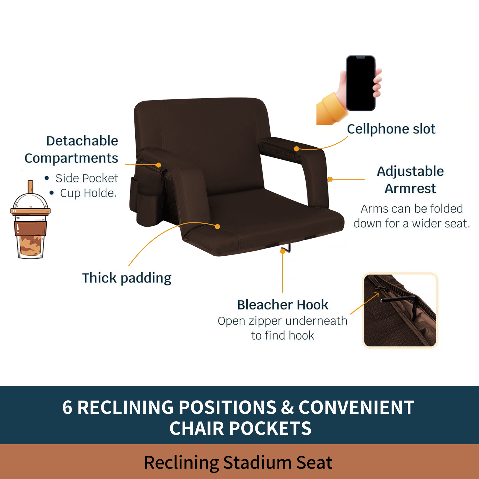 Seamander Large Size Foldable Stadium Seat Chair for Bleacher Padded Back Support with 6 Reclining Positions, Brown