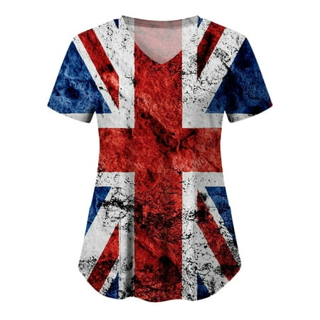 

Women Casual Independence Day Printed Short Sleeve Pocket Loose Top V-Neck Pocket Top Scrubs Top Uniform Nurses Clothing Workwear Female Dailywear