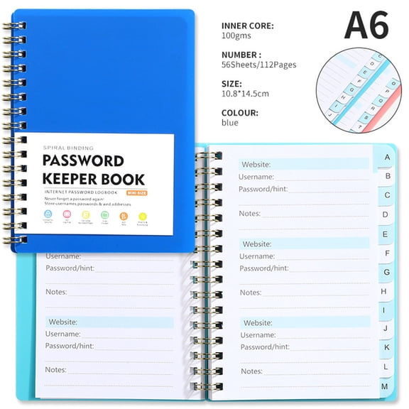 2PC A6 Password Notebook with Customized Alphabet Label Index, Professional Business Meeting Coil Journal with Security Lock, Portable Spiral Planner for Privacy Stationery Supplies