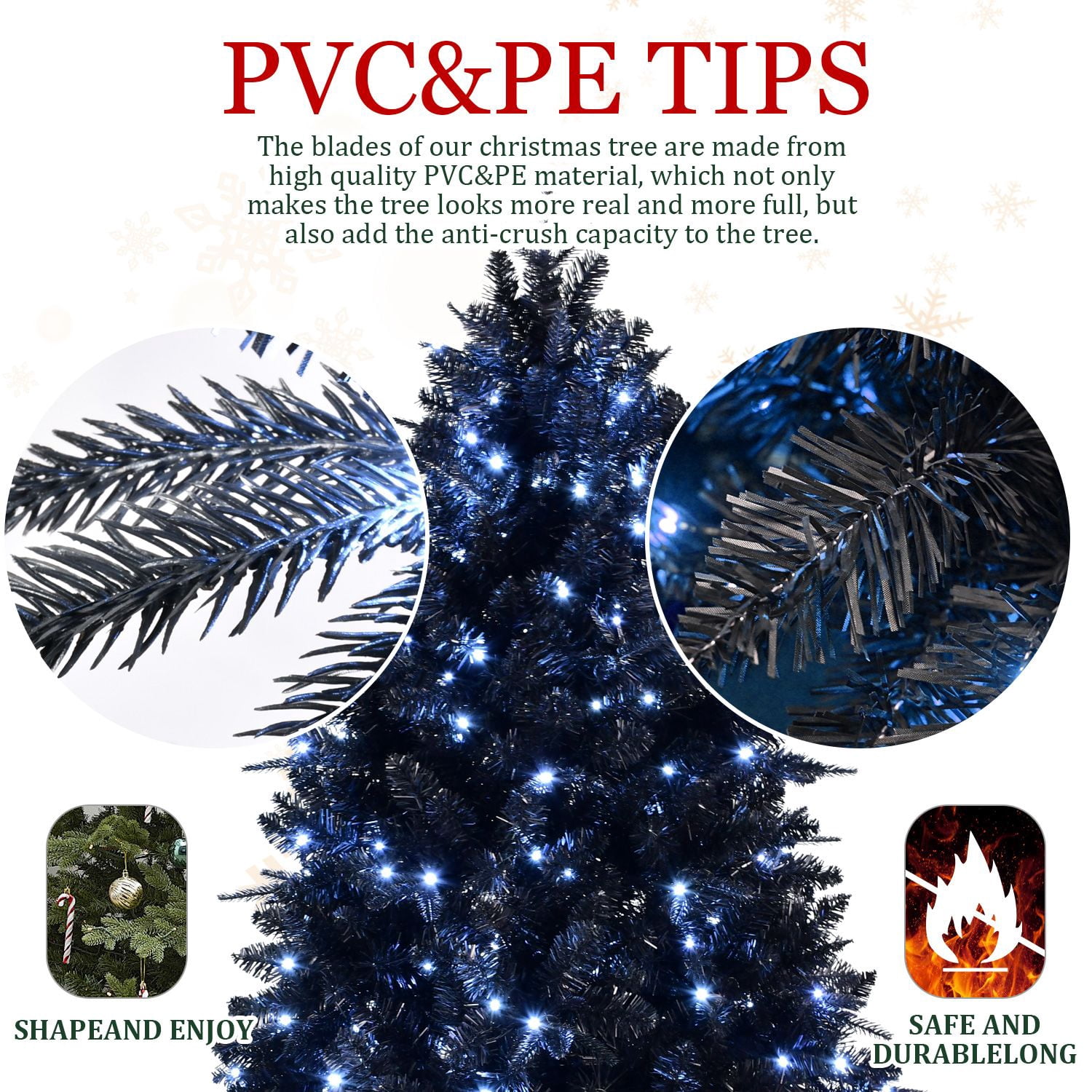 5FT Lighted Artificial Halloween Christmas Tree Black with 250 LEDs 1076 Tips PE+PVC Hinged Structure