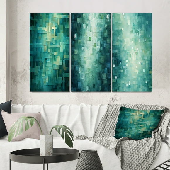 Designart "Coastal Bliss Abstract Cubist in Turquoise I" Abstract Painting Wall Art Set Of 3 - Modern Gold Gallery Wall Set For Home Decor