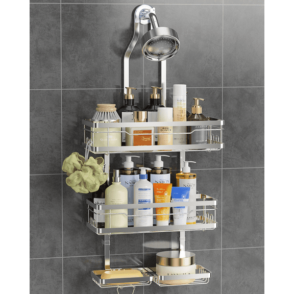 Shower Caddy Hanging With Soap Scrub Holder, Stainless Steel Adjustable No Drilling Non-Slip Large Capacity Sturdy Over Shower Head Shower Organizer Inside Shelves Bathroom Storage Rack