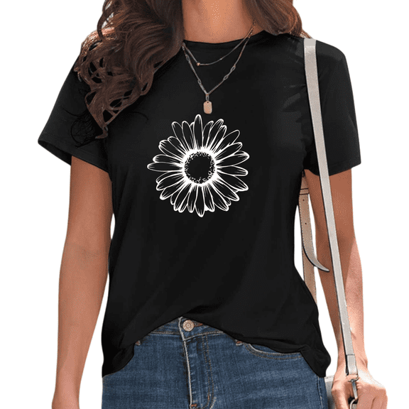 Women's Black Daisy Line Art Print T-Shirt Casual Short Sleeve Tees for Boho Floral Lover Tops S-5XL