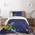 thumbnail image 3 of Ambesonne Space Cat Quilted Bedspread Set 2 Pcs, Cartoon Kitten Aliens, Twin Size, Green Brown Dark Blue, 3 of 6