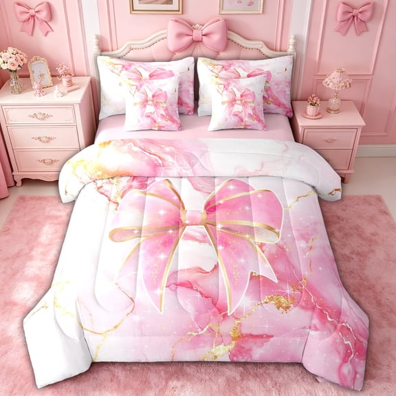 spefrowx Marble Ombre Bowknot Twin Bedding for Kids, Cherry Blossoms Pink Stripes Bedding Comforter Set, Pink Reversible, 7pcs
