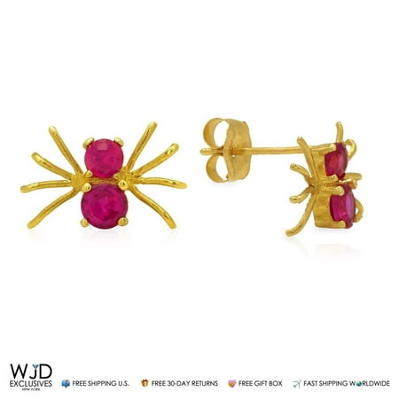 14k Real Yellow Gold Ruby July Birthstone Pushback Spider Stud Earrings 7mm