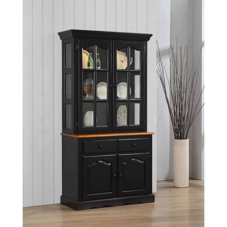 Homestock 38 inchw China Cabinet with Glass Doors Buffet and Lighted Hutch W Shelves and Drawer Rustic Romance Dining Room Country Kitchen Display