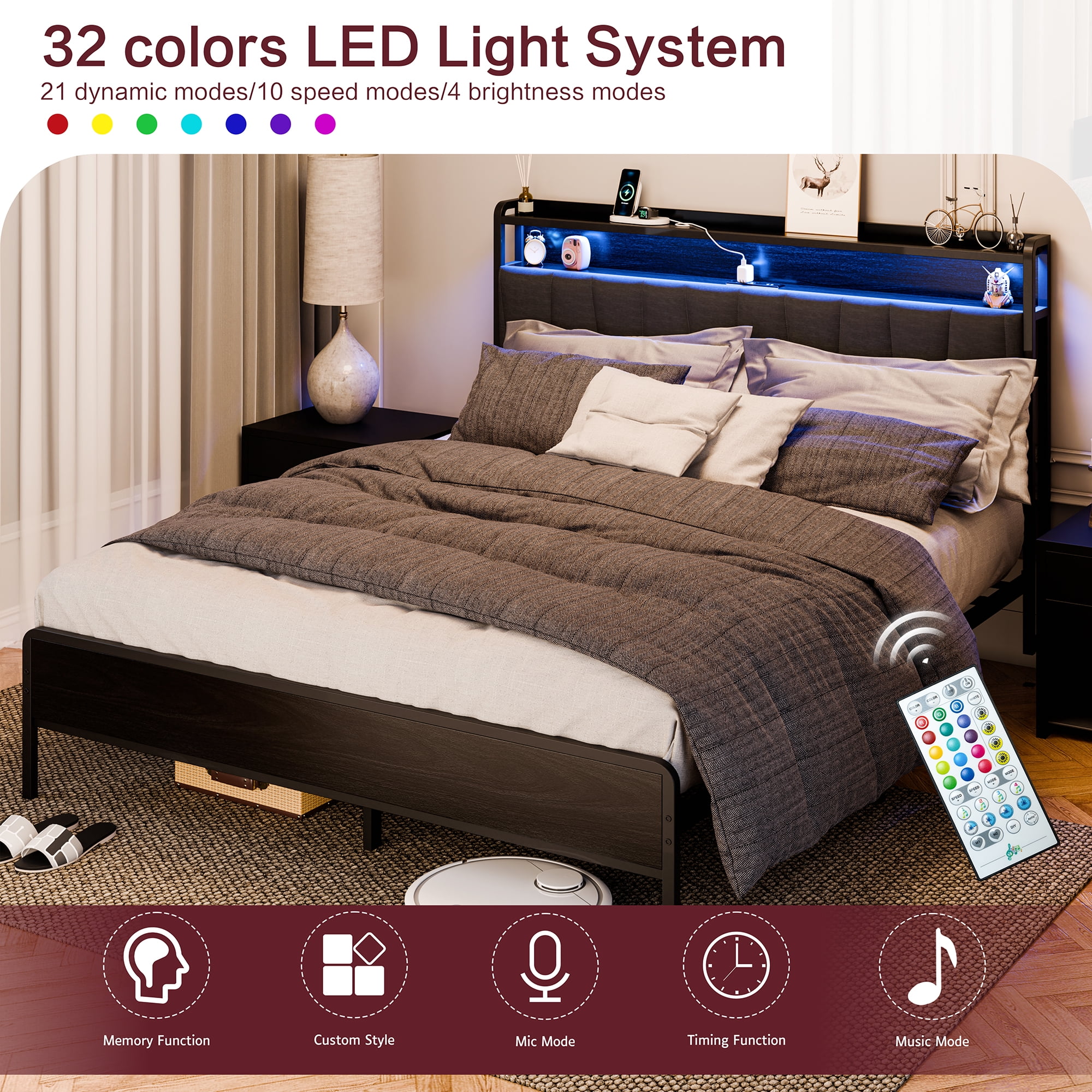 Walsunny Queen Bed Frame with Led Light, Metal Platform Bed with Charging Station and Linen Fabric Storage Headboard, Strong Metal Slats