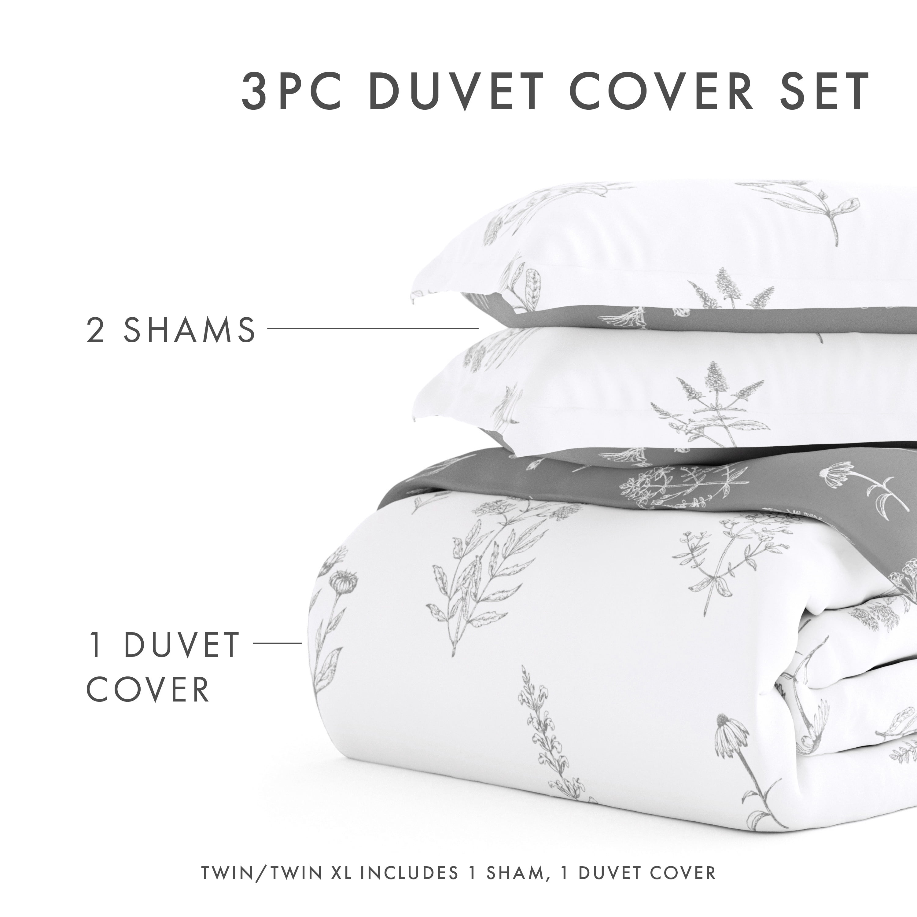 Noble Linens Light Gray Botany Floral Reversible 3-Piece Duvet Cover Set, King/Cal King