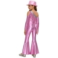 thumbnail image 2 of RUNQHUI Kids Girls Metallic Ruffle Flared Jumpsuit with Hat Set Fringed Performance Disco Dance Outfit Pink 14, 2 of 6