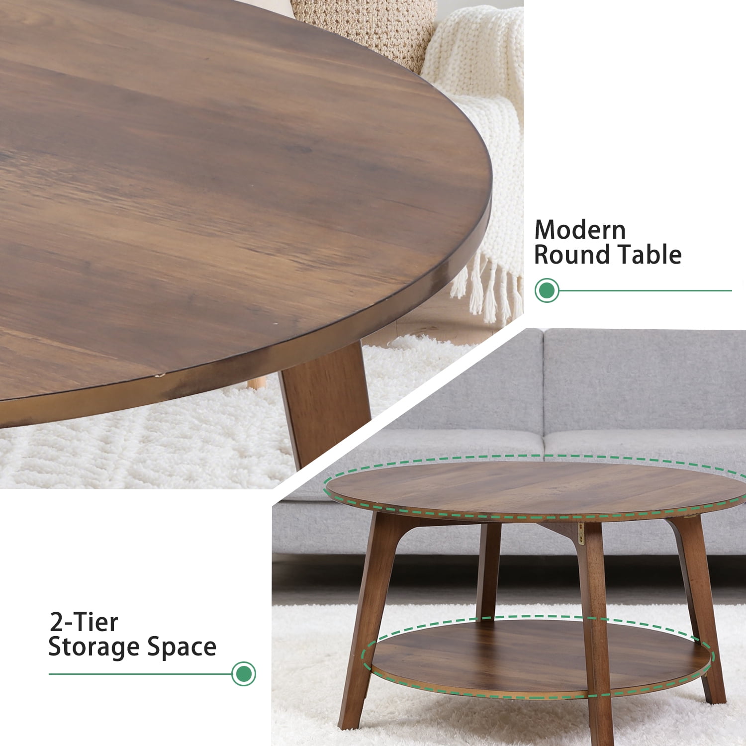 CL.HPAHKL Round Coffee Table, 31.5'' Wooden Circle Coffee Table with Storage, 2-Tier Center Table for Living Room, Apartment, Small Space, Brown