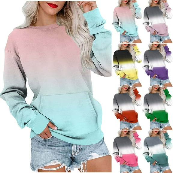 Brondbend Womens Sweatshirts Trendy Pullovers Women Crewneck Long Sleeve Gradient Color Fashionl Top with Pocket Oversized Fall Winter Party Athletic Top Versatile,Army Green