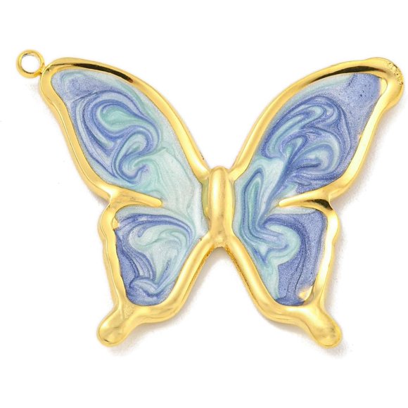 1Pcs Real 18K Gold Plated Butterfly Charm Stainless Steel Enamel Pendants Jewel Accessories for Necklace Bracelet Jewelry Making Medium Slate Blue 36.5x35x2mm Hole: 1.5mm