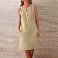 thumbnail image 4 of Tqcoqu Women's Linen Blend Sleeveless Henley Neck Button Placket Shift Dress with Pockets,Khaki Women's S-XXL, 4 of 9