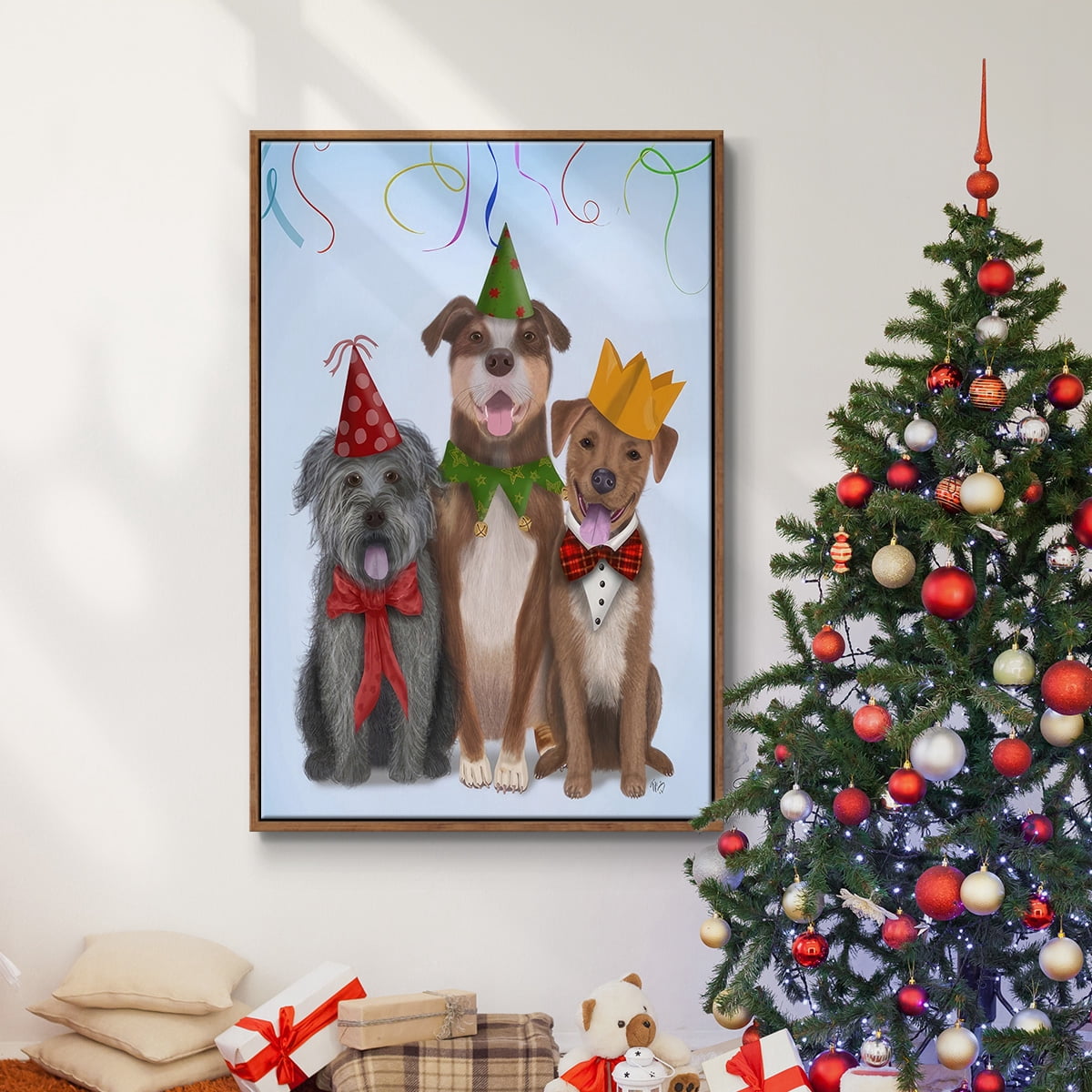 Christmas Party Mutts - Framed Gallery Wrapped Holiday Canvas - 27 x 41 - Rosewood Frame