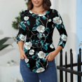 thumbnail image 4 of Xyxonk 3/4 Length Sleeve Tops for Women Round Neck Floral Printed T Shirts Fasion Casual Plus Size Pleated 2025 Trendy Blouses Dark Green 3XL, 4 of 5