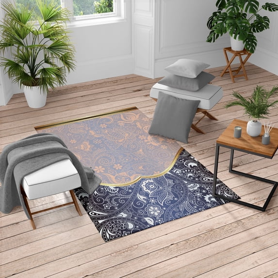 Eastern Turkish Area Rug, Oriental and Abstract Swirly Floral Frame Vintage Style Paisley Pattern, Soft Carpet for Living Room Decor with Distressed Look, 4' X 5.7', Peach Eggplant, by Ambesonne