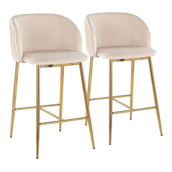 Fran Pleated Contemporary Glam Fixed-Height Counter Stool In Gold Metal And White Velvet - Set Of 2