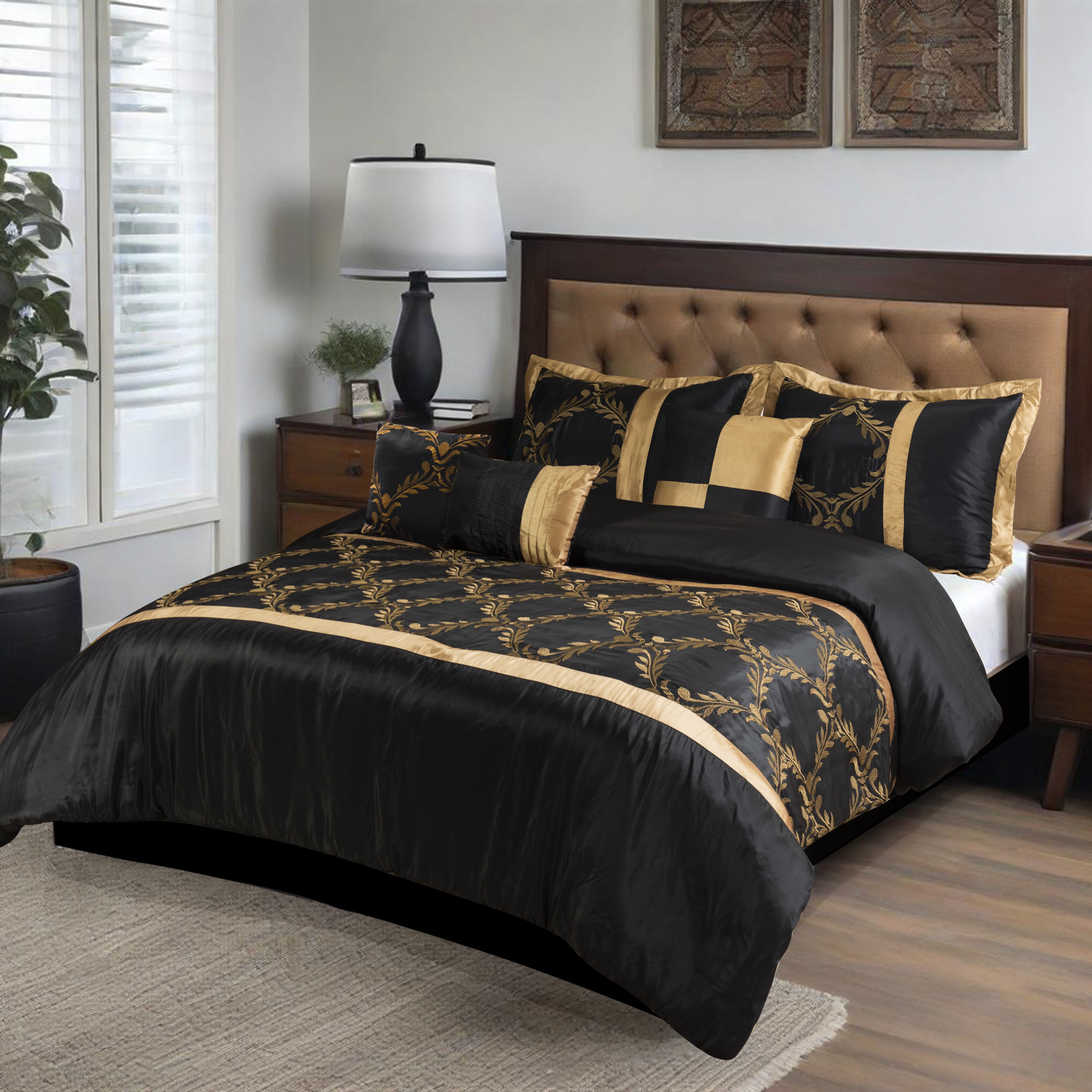 Foliage Embroidery 7-Piece Comforter Set in Black & Gold, Includes Bed Skirt - King Size Luxury Bedding