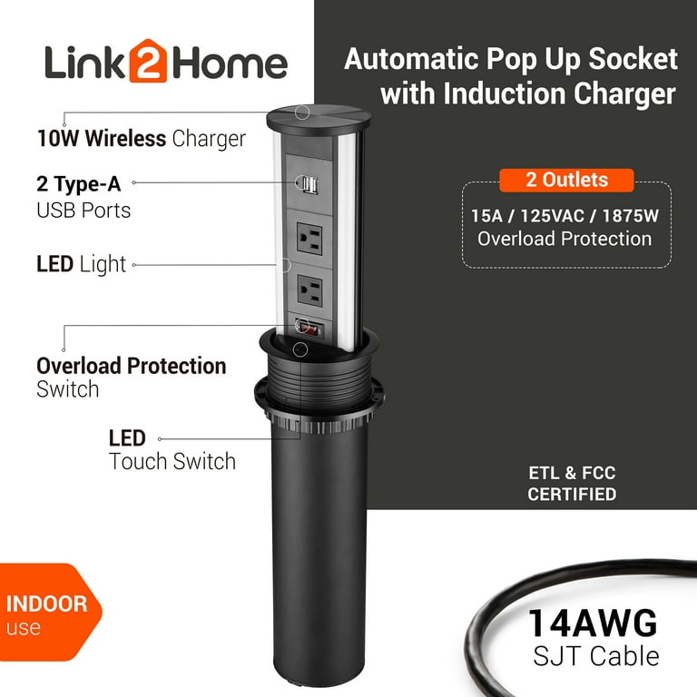 Link2Home Automatic Pop Up Outlet with 10W Induction Wireless Charger, 2 Outlets, 2 USB Ports, Black