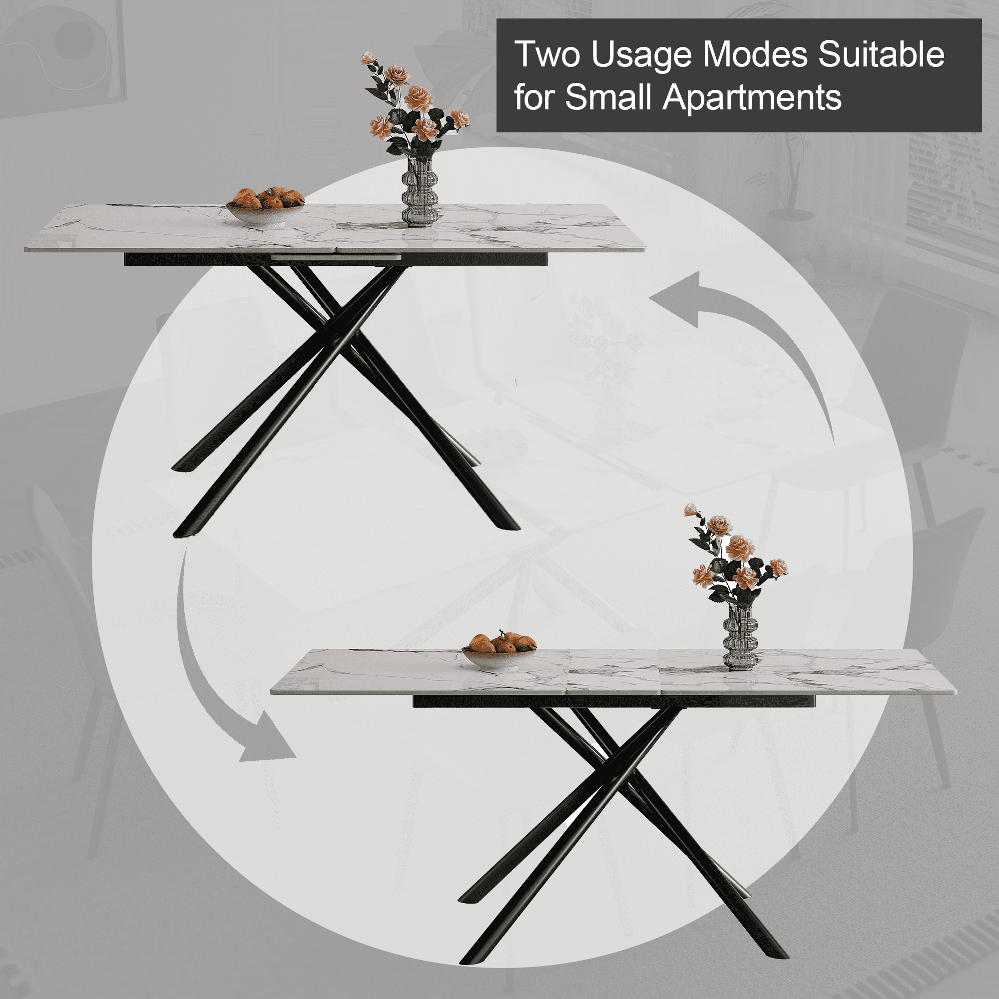 Montary 59-inch Modern Rectangle Expandable Dining Table with Retractable Leaf, Sintered Stone Top & Black Carbon Steel X-Base, Dining Table Set with 8 Gray PU Chairs for Apartments, Kitchen