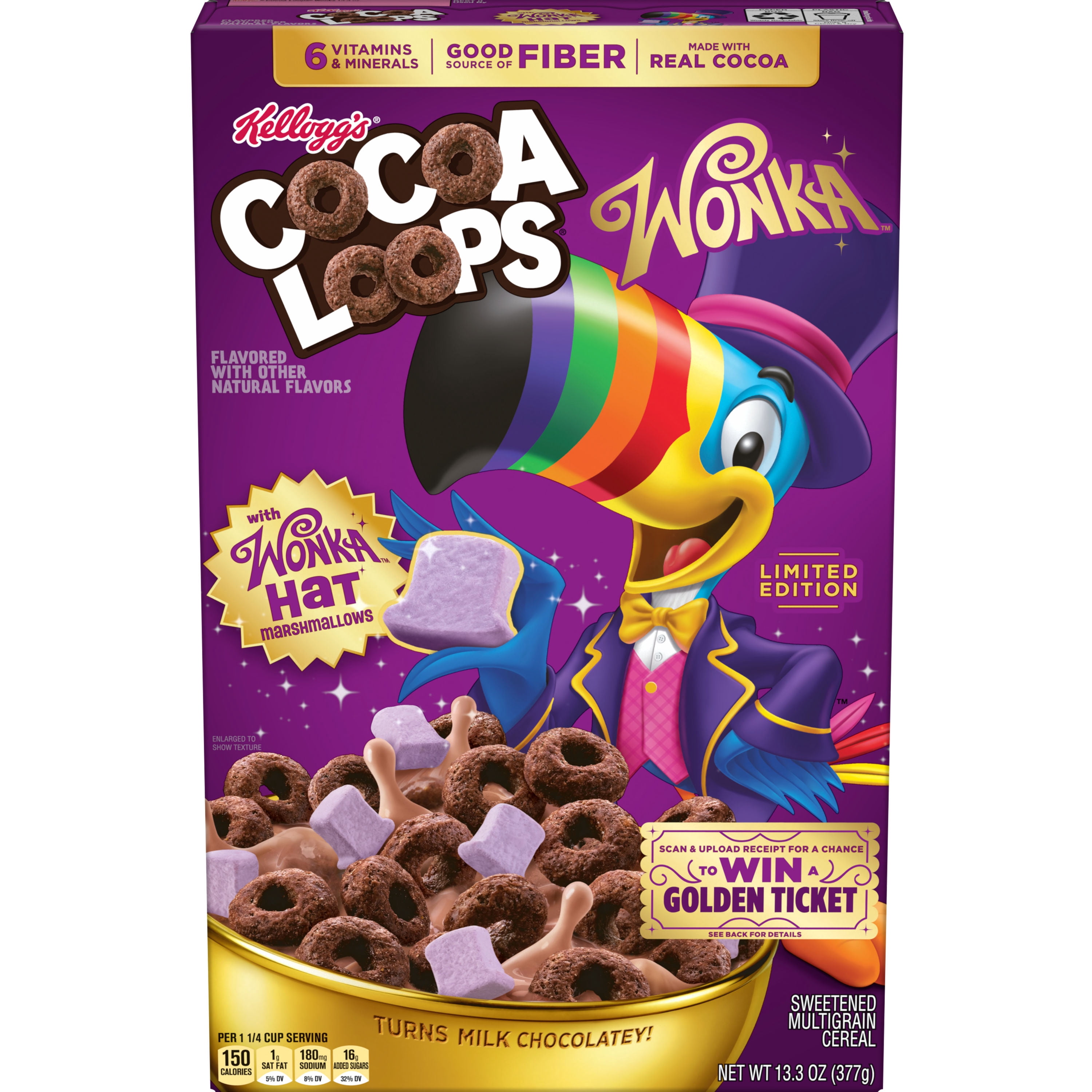 Kellogg's Cocoa Loops Cereal with Wonka Hat Marshmallows, Good Source of Fiber, 13.3oz