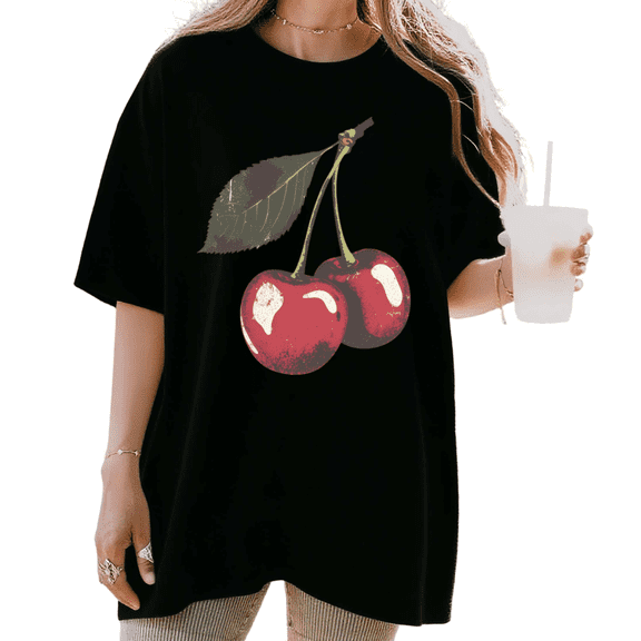 Women's funny Vintage Cherry Graphic Retro Fruit Lover Casual T Shirt Comfortable Short Sleeve Round Neck Top Black S-5XL