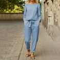 thumbnail image 2 of Women's Solid Color Linen Loose Top And Drawstring Linen Long Pants Set Outfits, 2 of 2