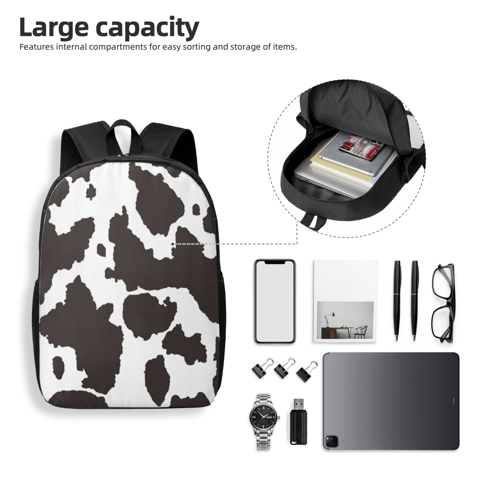 Xecao Cow Skin 2 print Travel Backpack, Large Computer Backpack for Men Women, College School Rucksack Book Bag