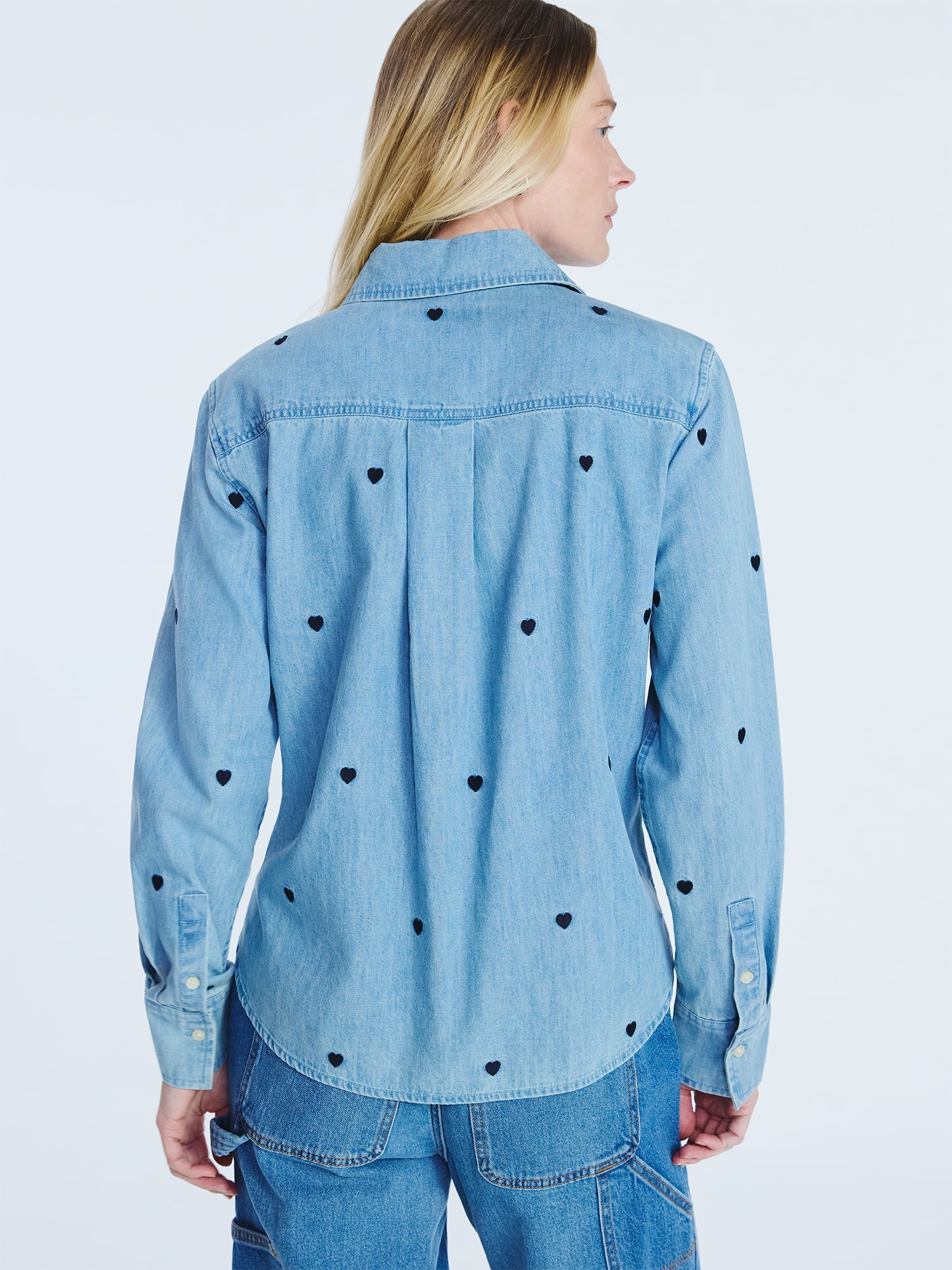 Free Assembly Women's and Women’s Plus Embroidered Hearts Denim Shirt with Long Sleeves, Sizes XS-4X