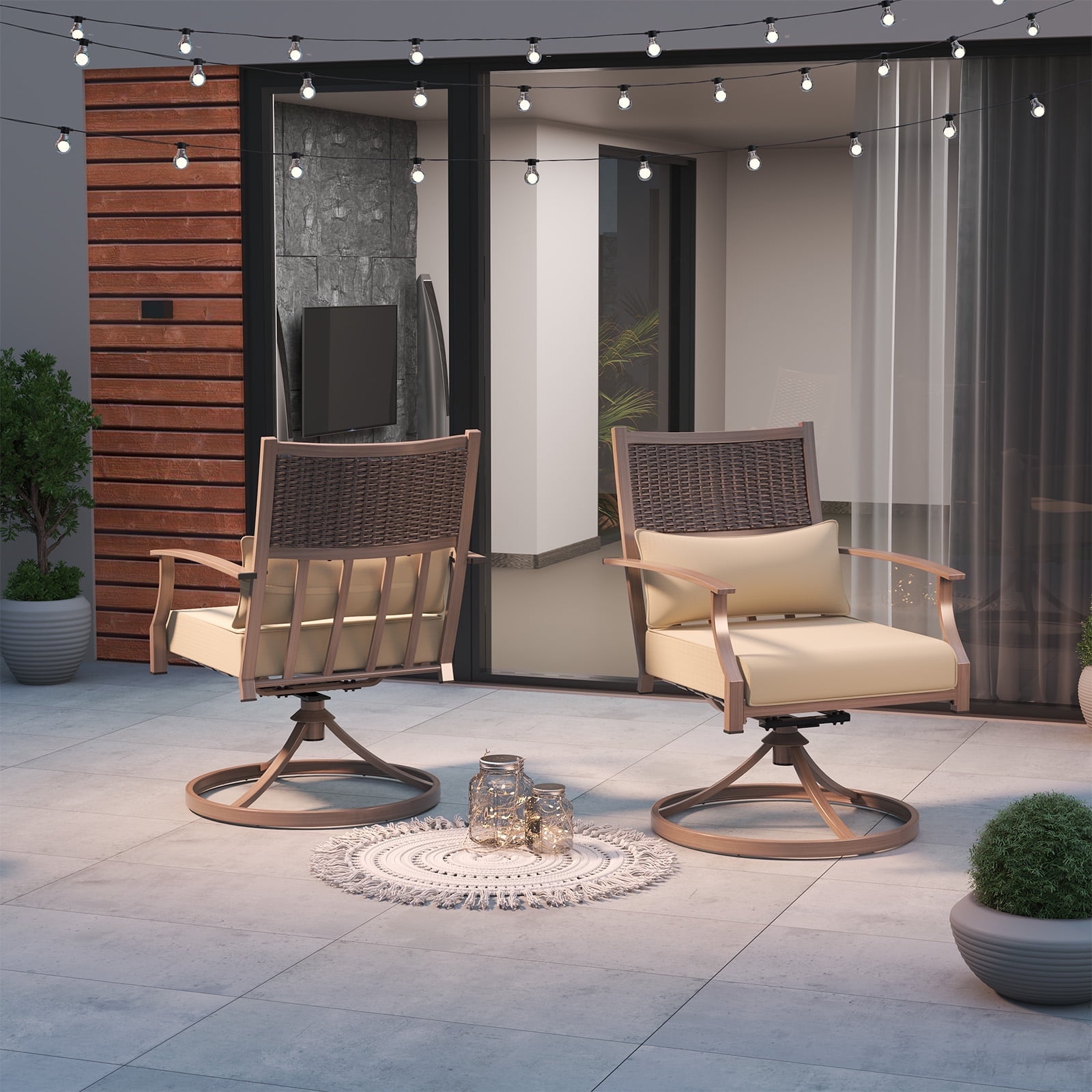 Poteban Patio Swivel Chairs Set of 2, Outdoor Dining Chairs with Deep Seat Cushion, All Weather Swivel Rocker Chairs with Hand-Painted Metal Frame, for Backyard Deck (Khaki)