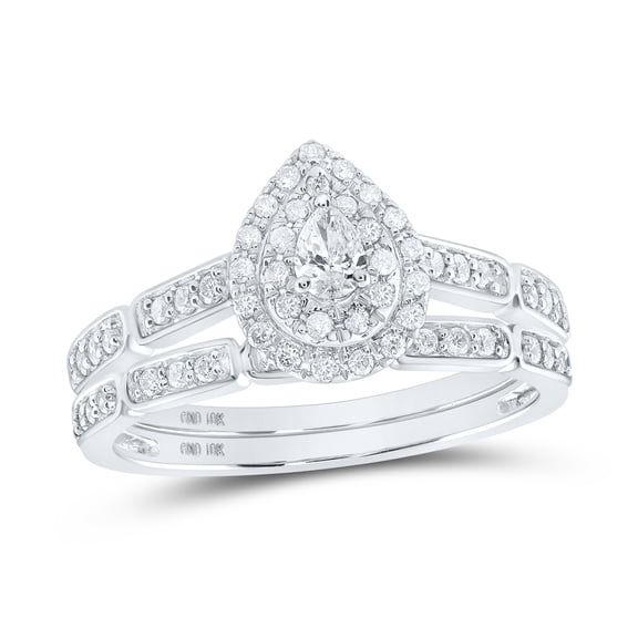 10K White Gold Pear Dia. Halo Bridal Wedding Band Set 3/8ctw, Women's Size: 5-10
