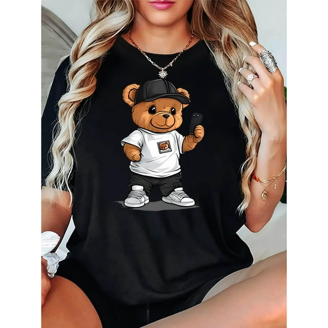 Camisetas con estampado para mujer, camisetas de manga corta de verano 2025, blusas casuales con cuello redondo para adolescentesWomen's Trendy Bear with Hat Graphic Tee - Casual Round Neck Short S