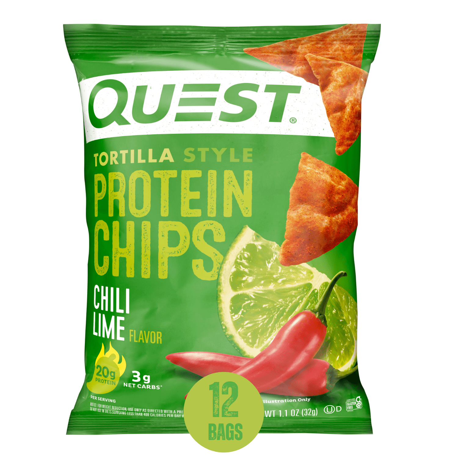 Quest Tortilla Style Protein Chips, Chili Lime Flavored, Baked, 1.1oz Bags, 12 Count