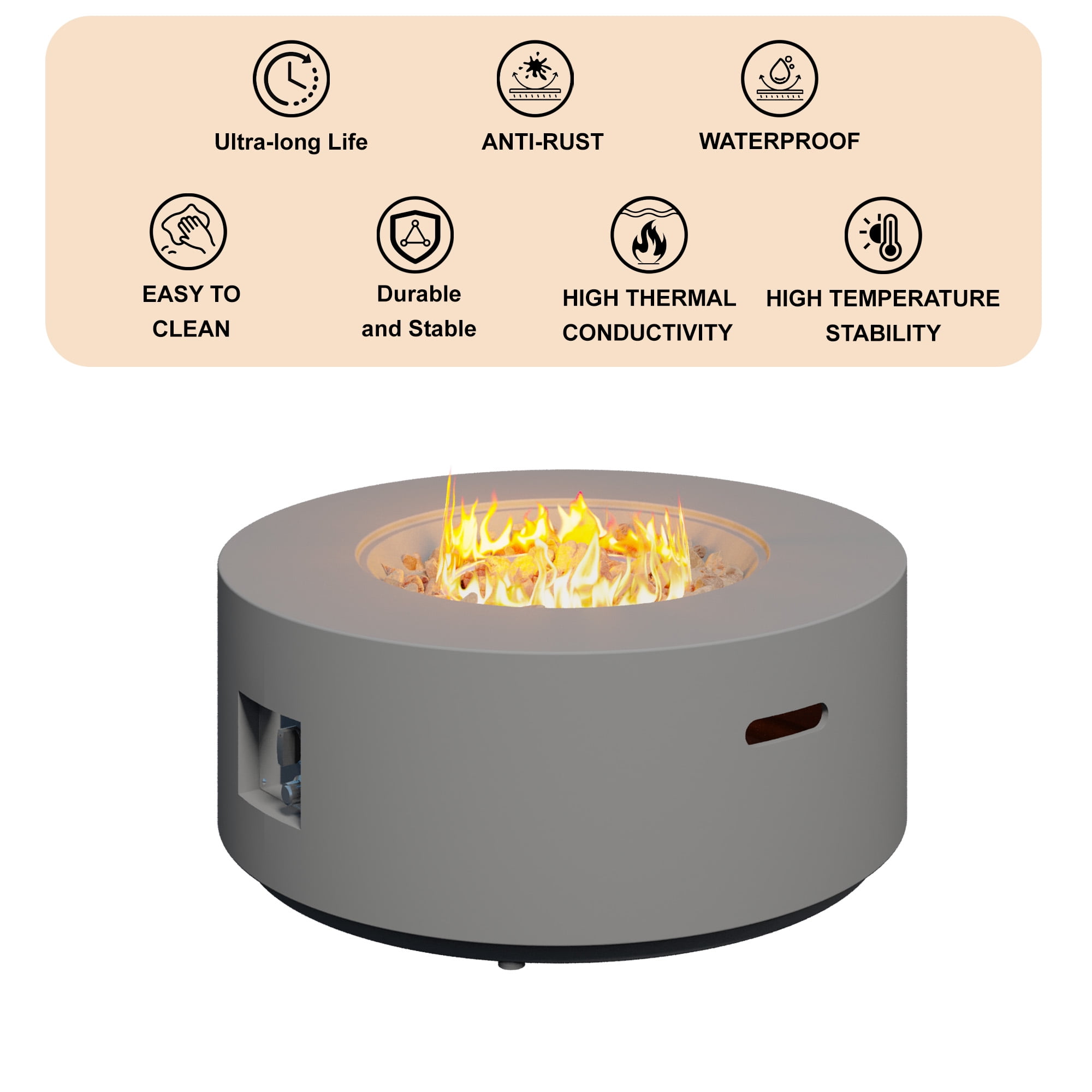 HongTaoK 32.5 inch Round Propane Fire Pit for Outside White 50K BTU Outdoor with Lava Rocks, All Weather Applicable, Gray