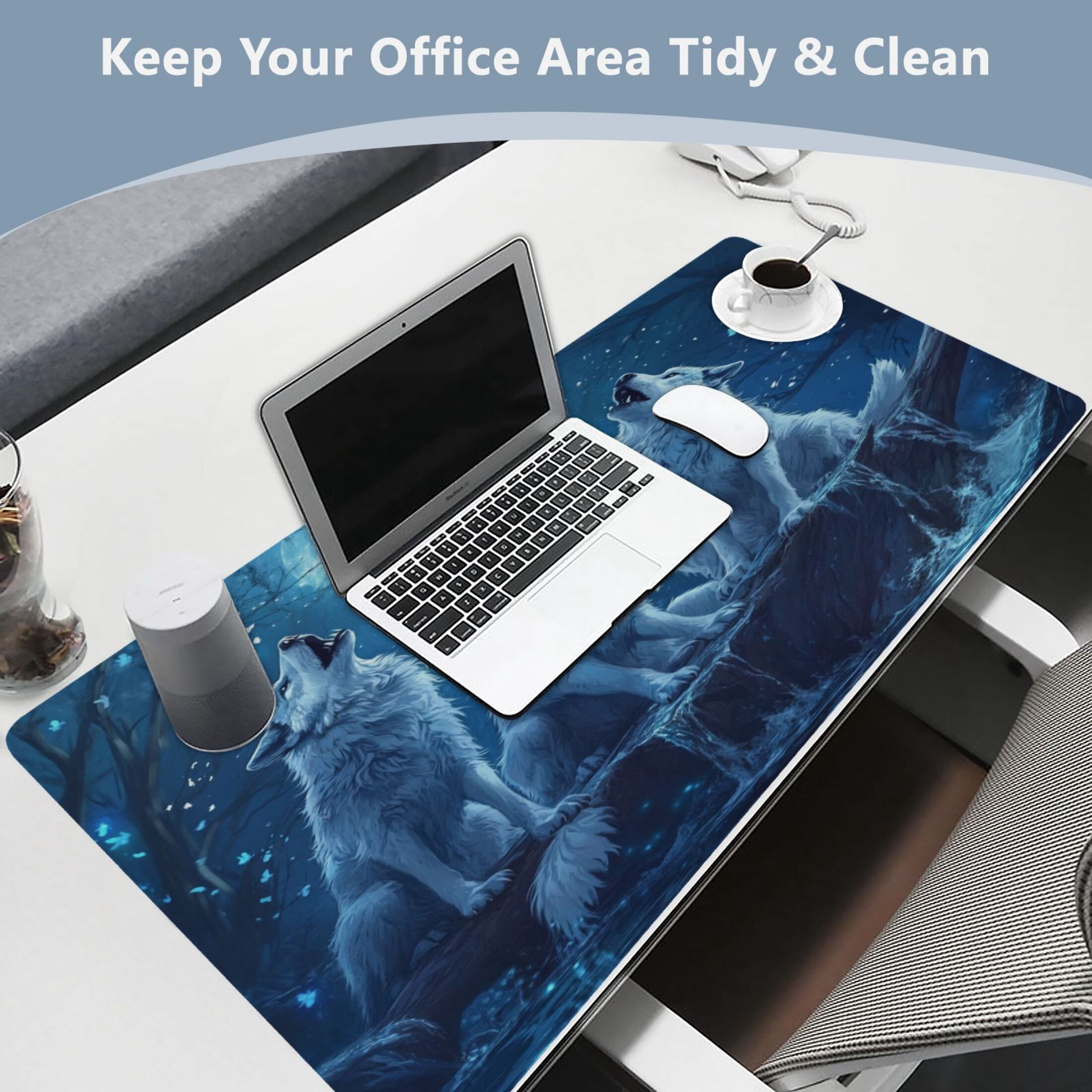 Leather Keyboard and Mouse Desk Mat Office Desk Accessories Protective Office Desk Decor Desk Pad Mat for Gaming, Work from Home, Office Three Blue Wolves 16.5" x 35.4"