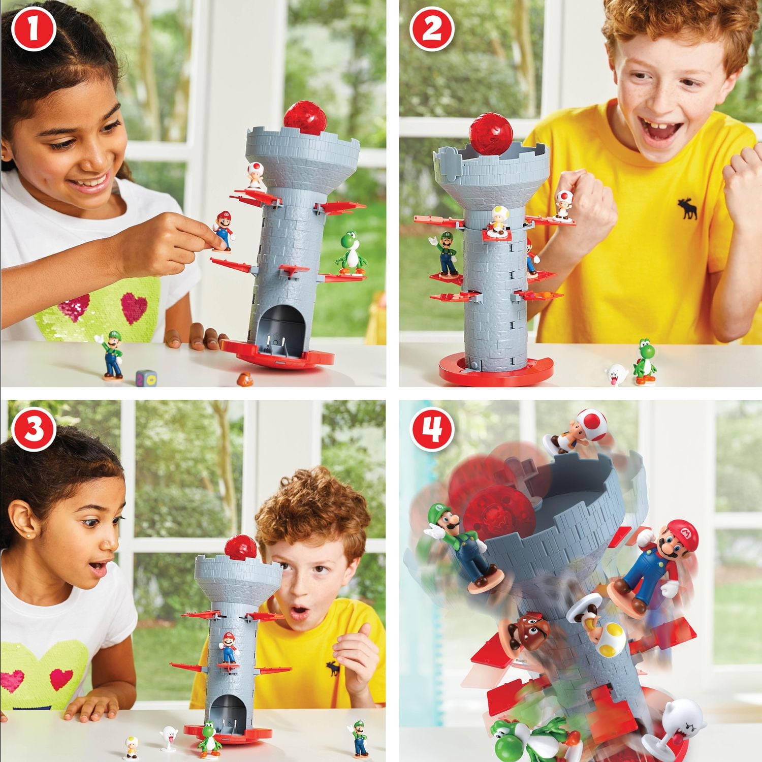 Epoch Games Super Mario Blow Up! Shaky Tower Balancing Game, Tabletop Skill and Action Game with Collectible Super Mario Action Figures, Super Mario Shaky Tower Game