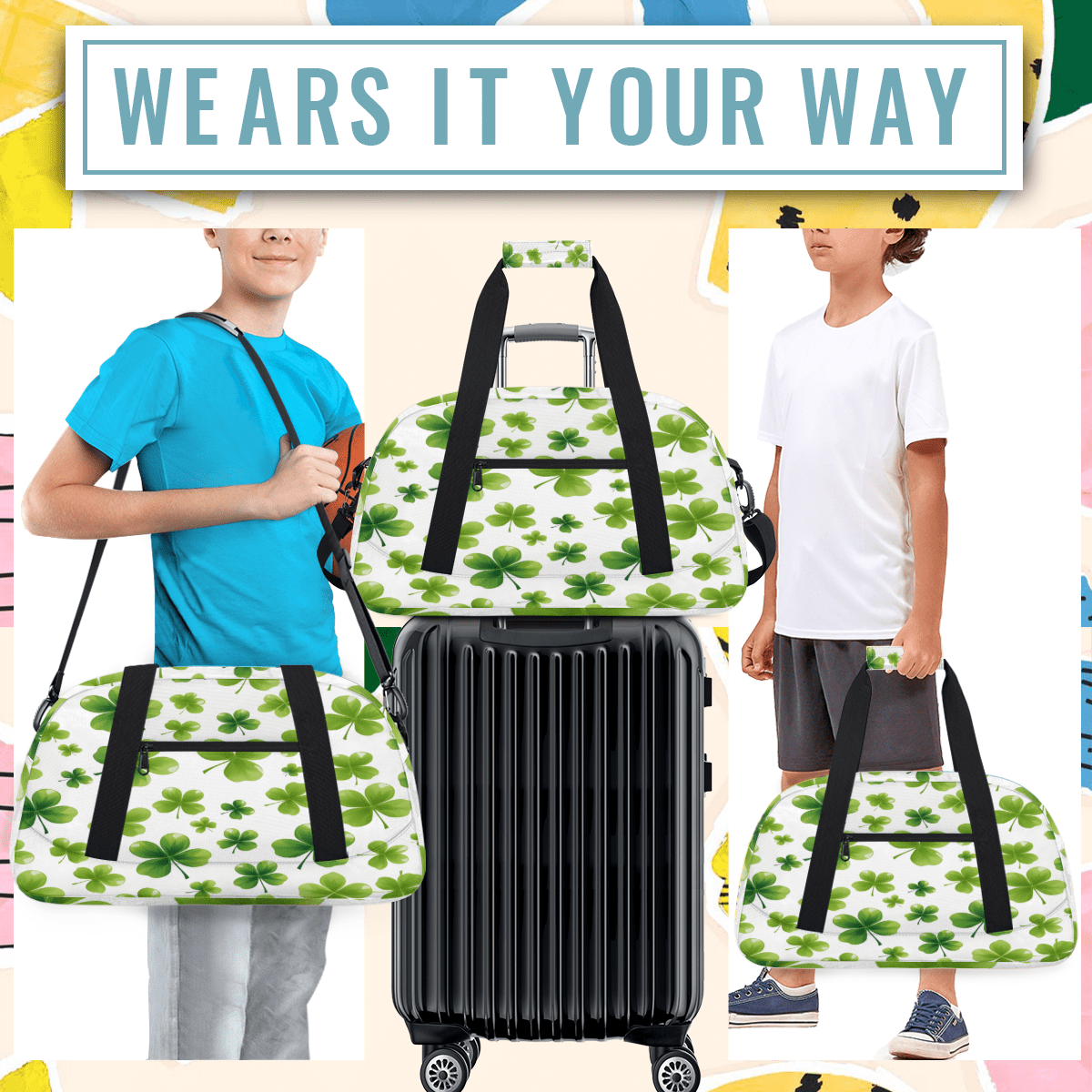 Herdesigns St Patricks Day Lucky Clover Sports Duffle Bag for Women & Men, Gym Bag Dance Bag Overnight Bag Carry On Weekender Travel Bag