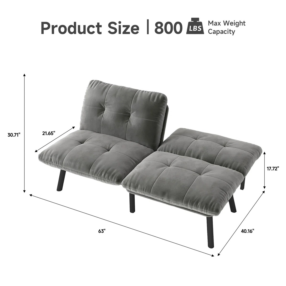 Aukfa 3-in-1 Velvet Futon Sofa Bed, 63" Sleep Sofa with Split 5-Position Backrests, Gray