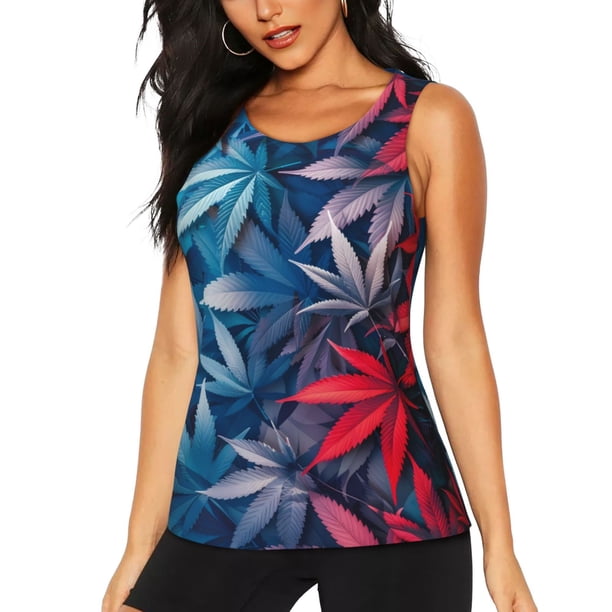 Balery Red And Blue Leaves Camiseta sin mangas estampada ligera para mujer, tops de entrenamiento sin mangas, camisetas de yoga transpirables de secado rápido.-Medium