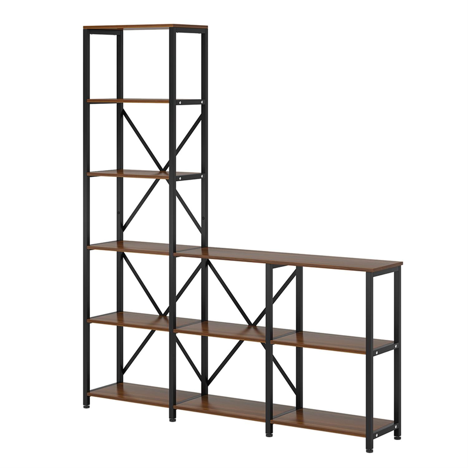 Demi Bonn Open Bookshelf with 9-Shelf, Wood and Metal Bookcase Storage Organizer, 70" Tall Display Standing Shelf Unit for Bedroom, Living Room, Brown