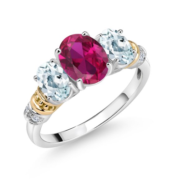 Gem Stone King 925 Sterling Silver and 10K Yellow Gold Oval Red Created Ruby Sky Blue Aquamarine and White Diamond 3 Stone Ring for Women (2.38 Cttw, Gemstone July Birthstone, Size 6)